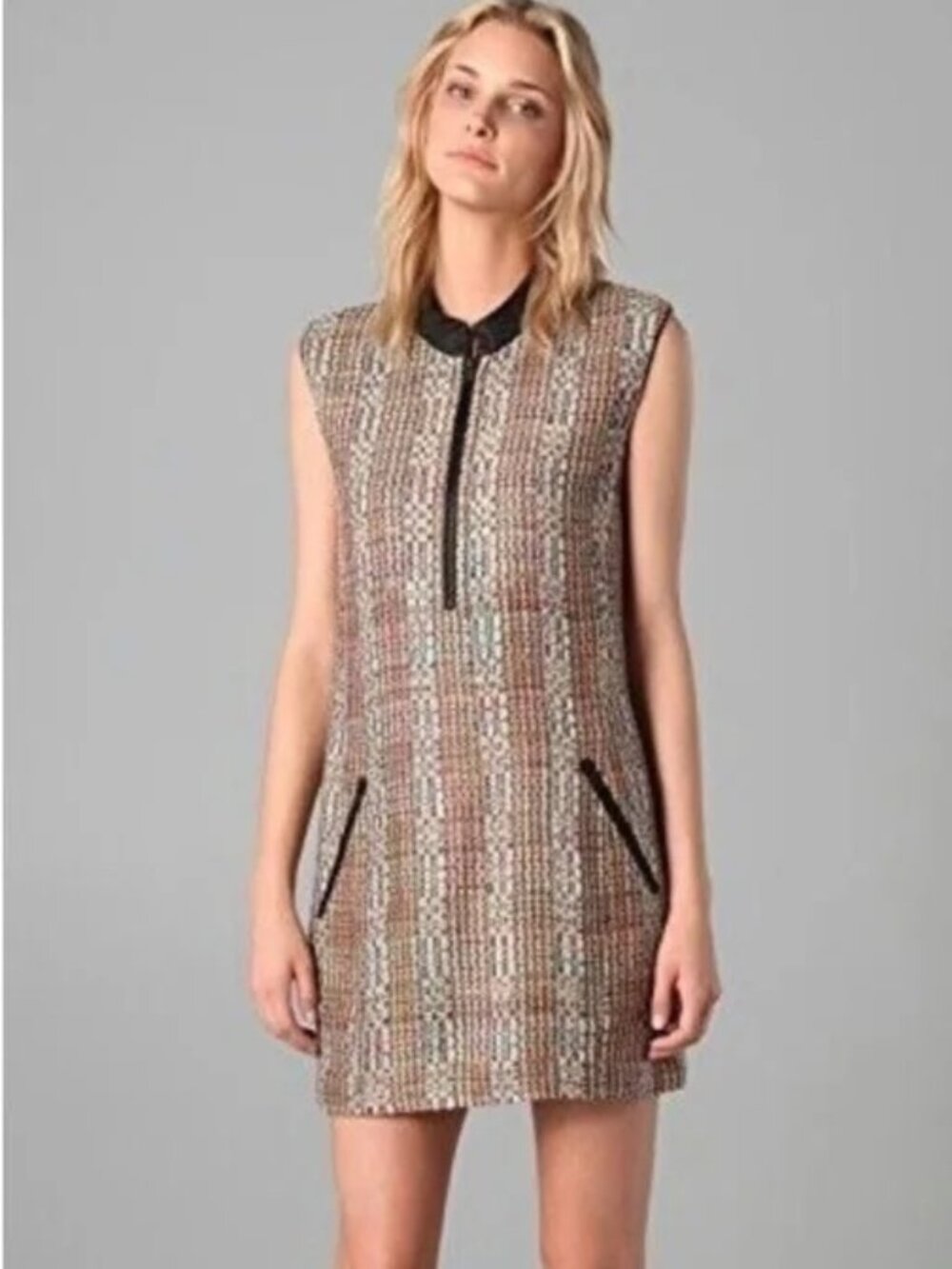 Theory Silk Tweed Leather Trim Mini Shift Dress